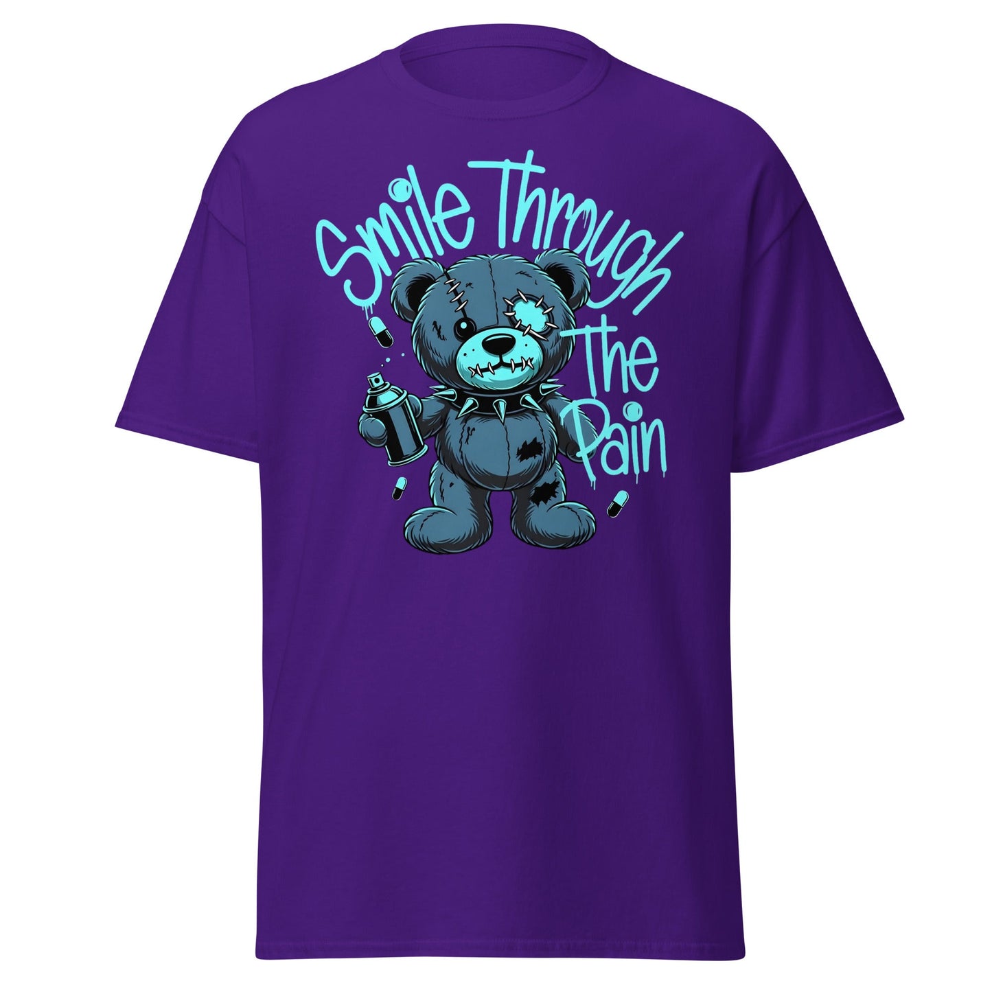 Smile Through The Pain Grunge Bear Streetwear T-Shirt - Purple - T-Shirts Online