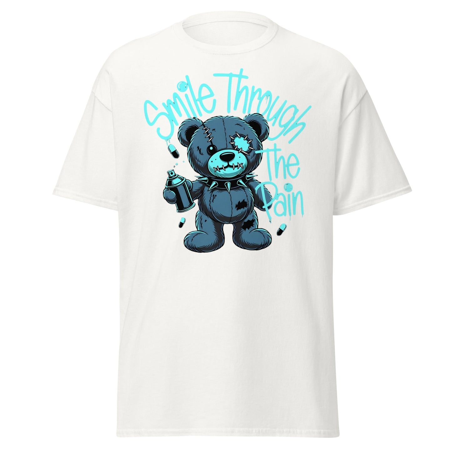 Smile Through The Pain Grunge Bear Streetwear T-Shirt - White - T-Shirts Online