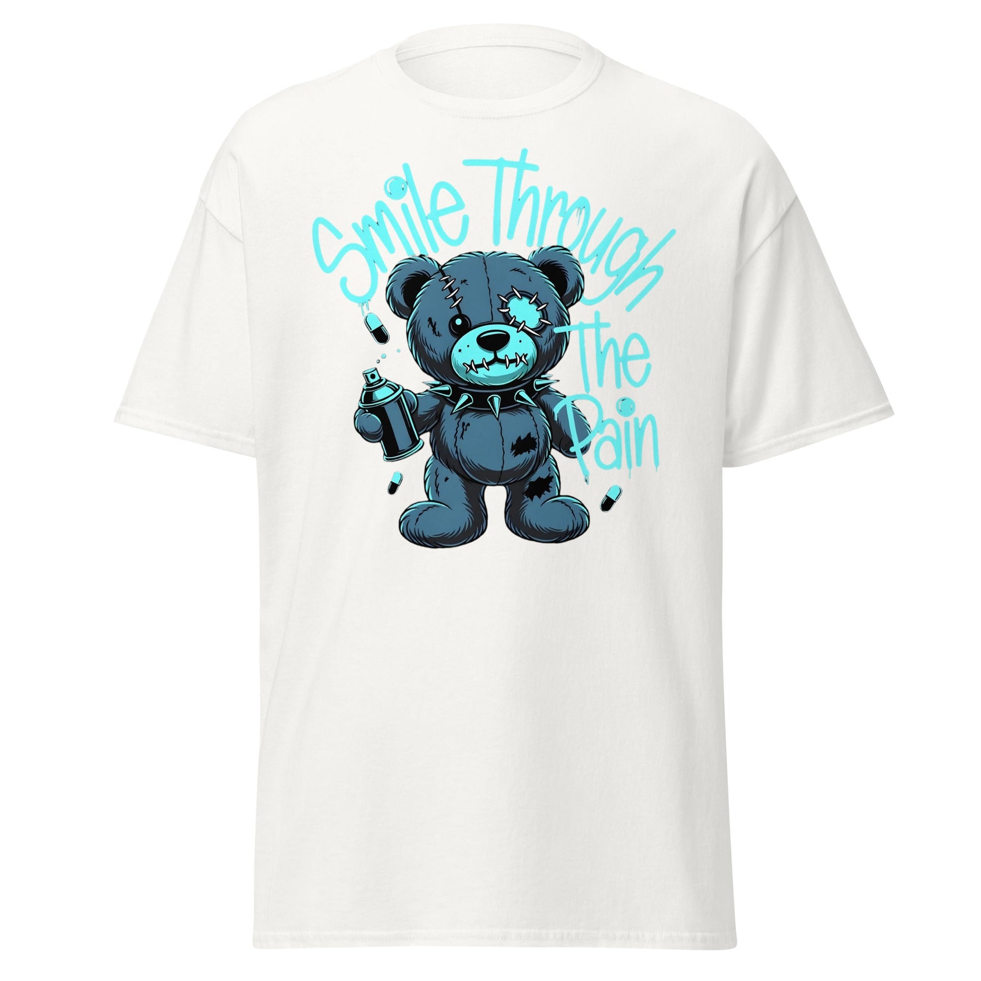 Smile Through The Pain Grunge Bear Streetwear T-Shirt - White - T-Shirts Online