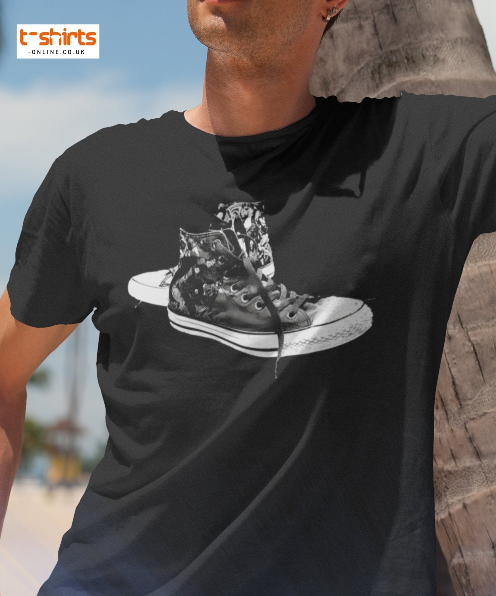 Sneaker Stencil T-Shirt | Retro High - Top Shoe Art Tee - Black - T-Shirts Online