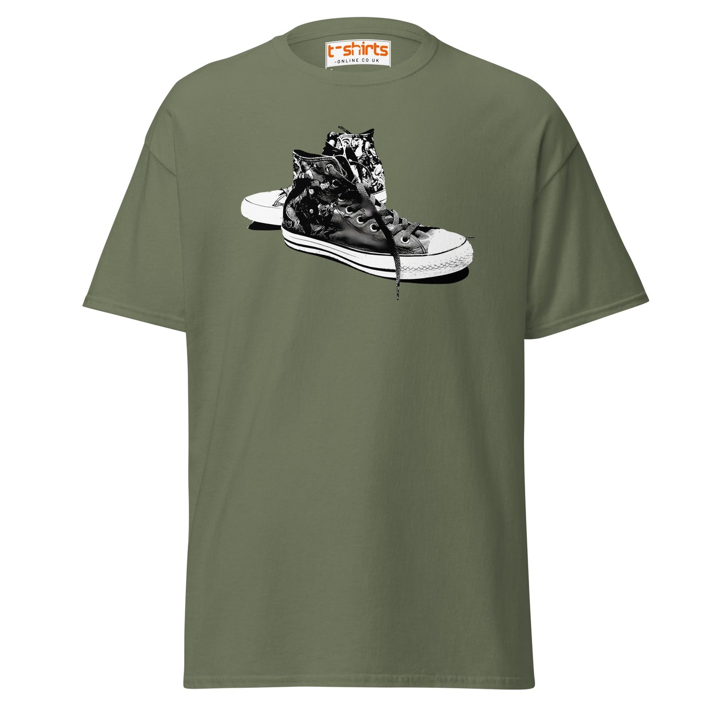 Sneaker Stencil T-Shirt | Retro High - Top Shoe Art Tee - Military Green - T-Shirts Online