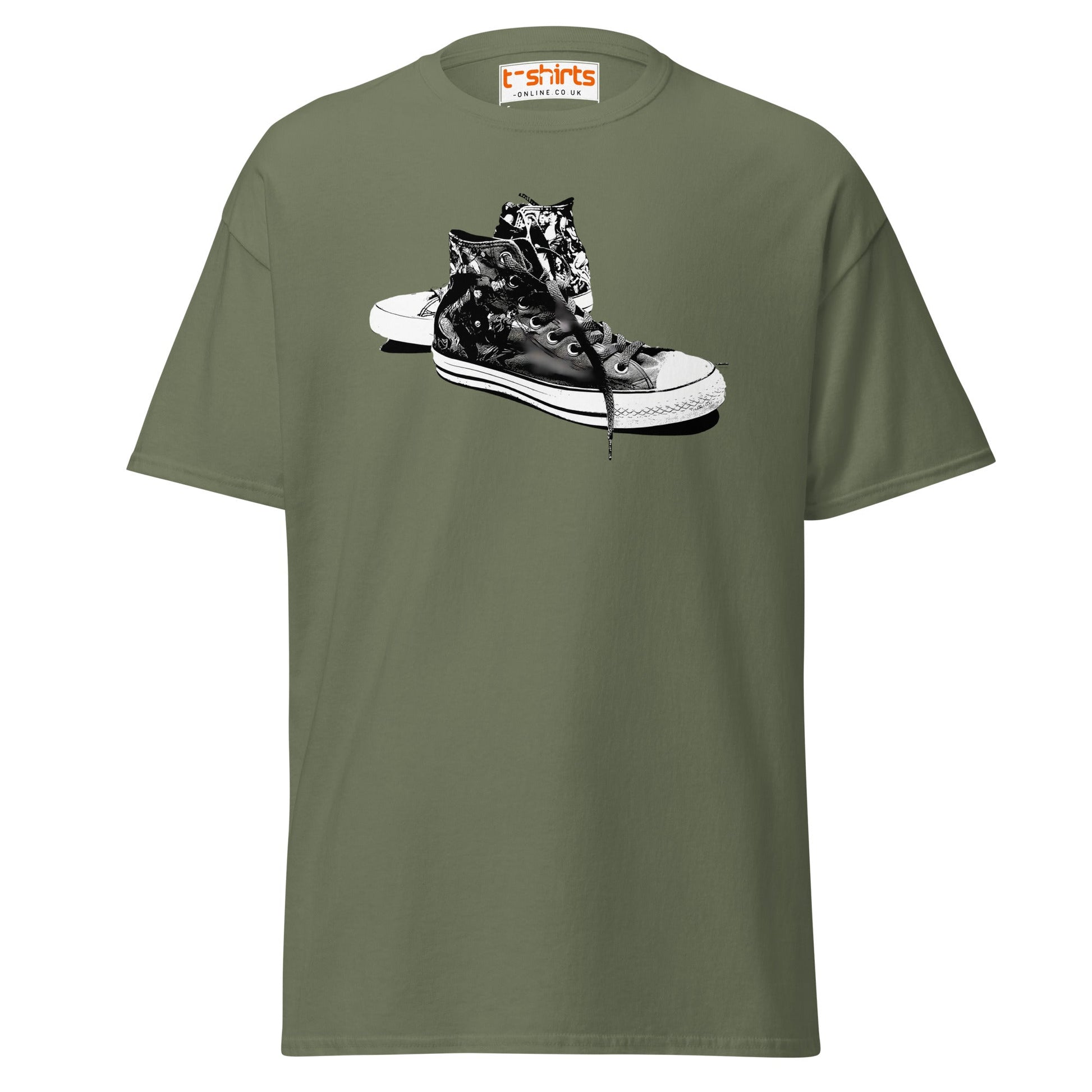 Sneaker Stencil T-Shirt | Retro High - Top Shoe Art Tee - Military Green - T-Shirts Online
