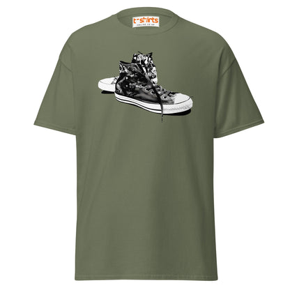 Sneaker Stencil T-Shirt | Retro High - Top Shoe Art Tee - Military Green - T-Shirts Online