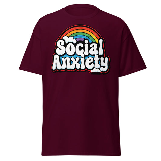 Social Anxiety Rainbow T-Shirt | Retro Mental Health Tee - Maroon - T-Shirts Online