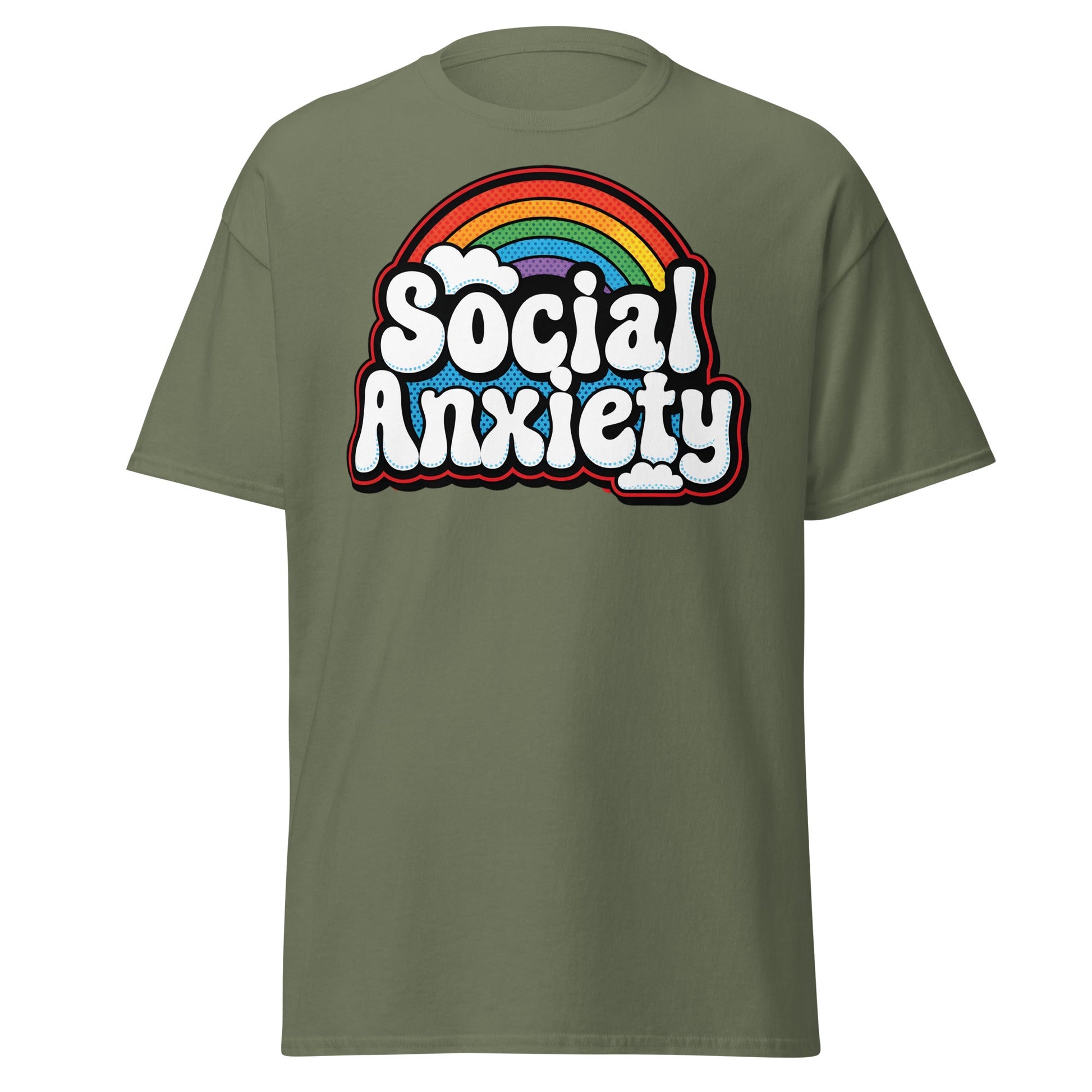 Social Anxiety Rainbow T-Shirt | Retro Mental Health Tee - Military Green - T-Shirts Online