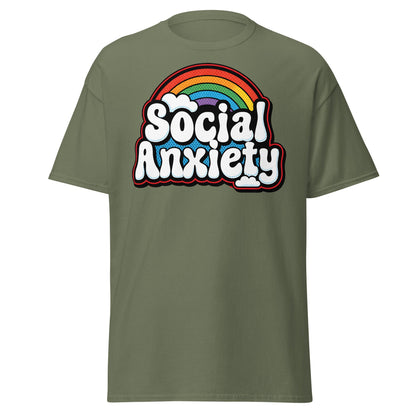 Social Anxiety Rainbow T-Shirt | Retro Mental Health Tee - Military Green - T-Shirts Online