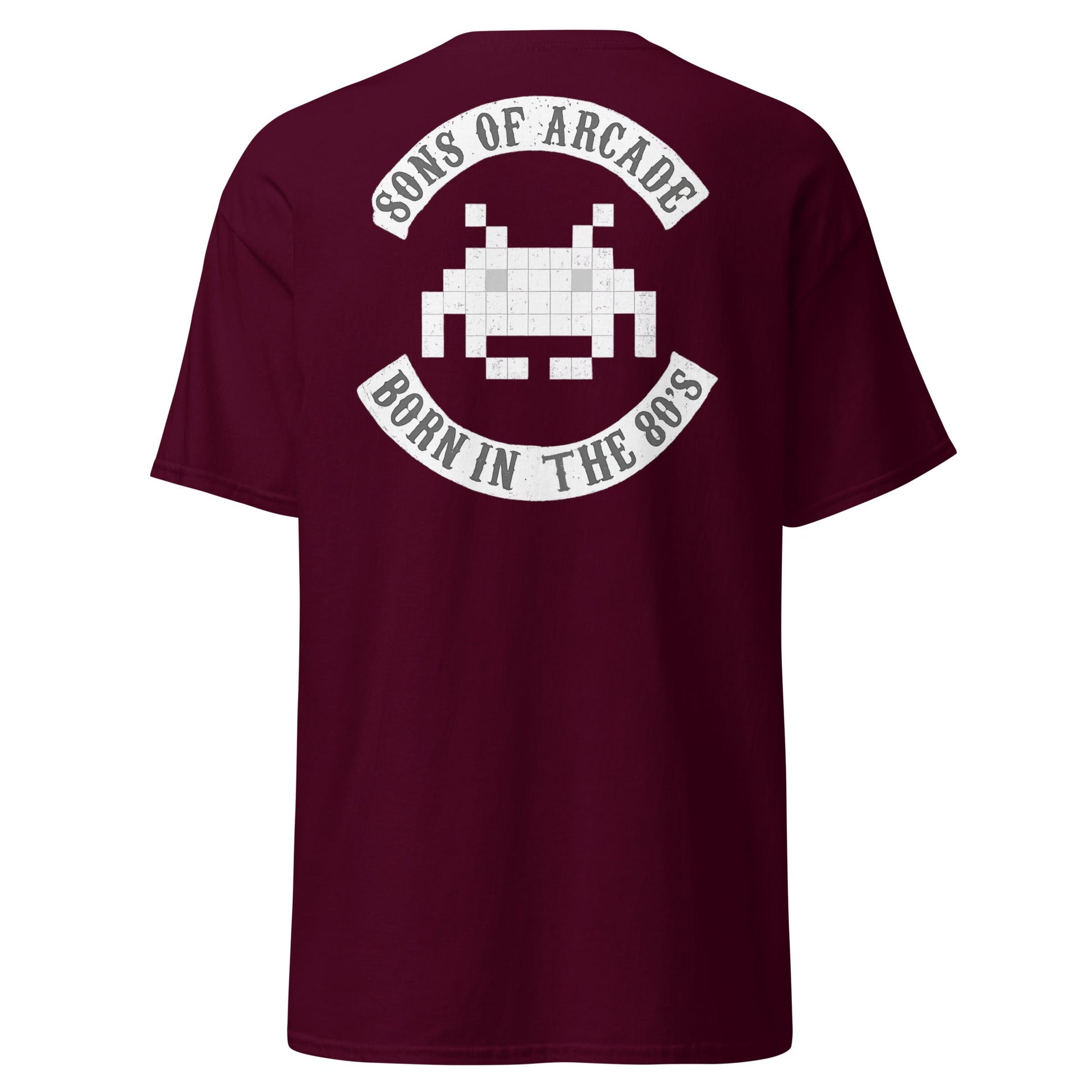 Sons of Arcade T-Shirt – Retro 80s Gamer Tee - Maroon - T-Shirts Online