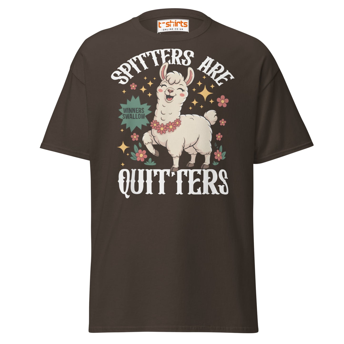 Spitters Are Quitters T-Shirt – Funny Llama Humor Tee - Dark Chocolate - T-Shirts Online