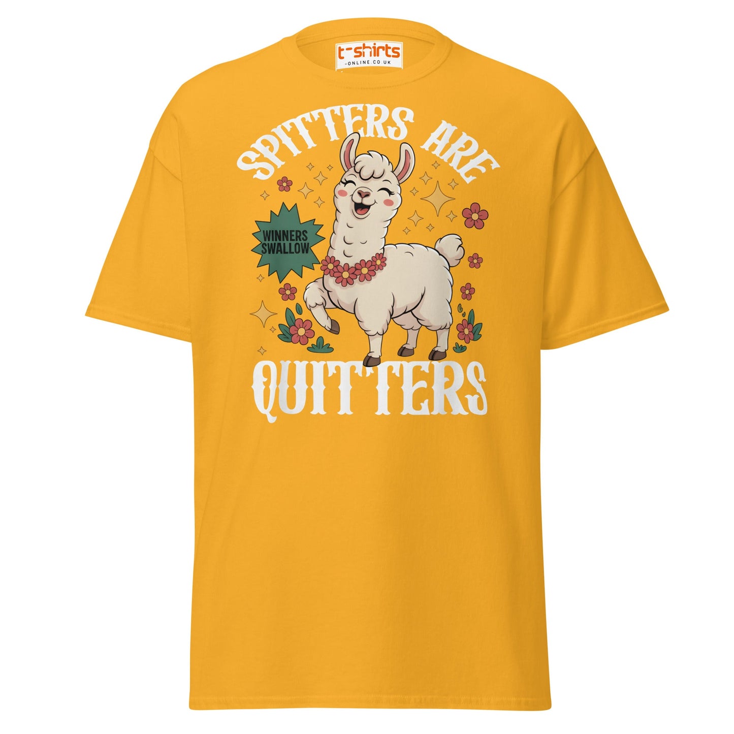 Spitters Are Quitters T-Shirt – Funny Llama Humor Tee - Gold - T-Shirts Online