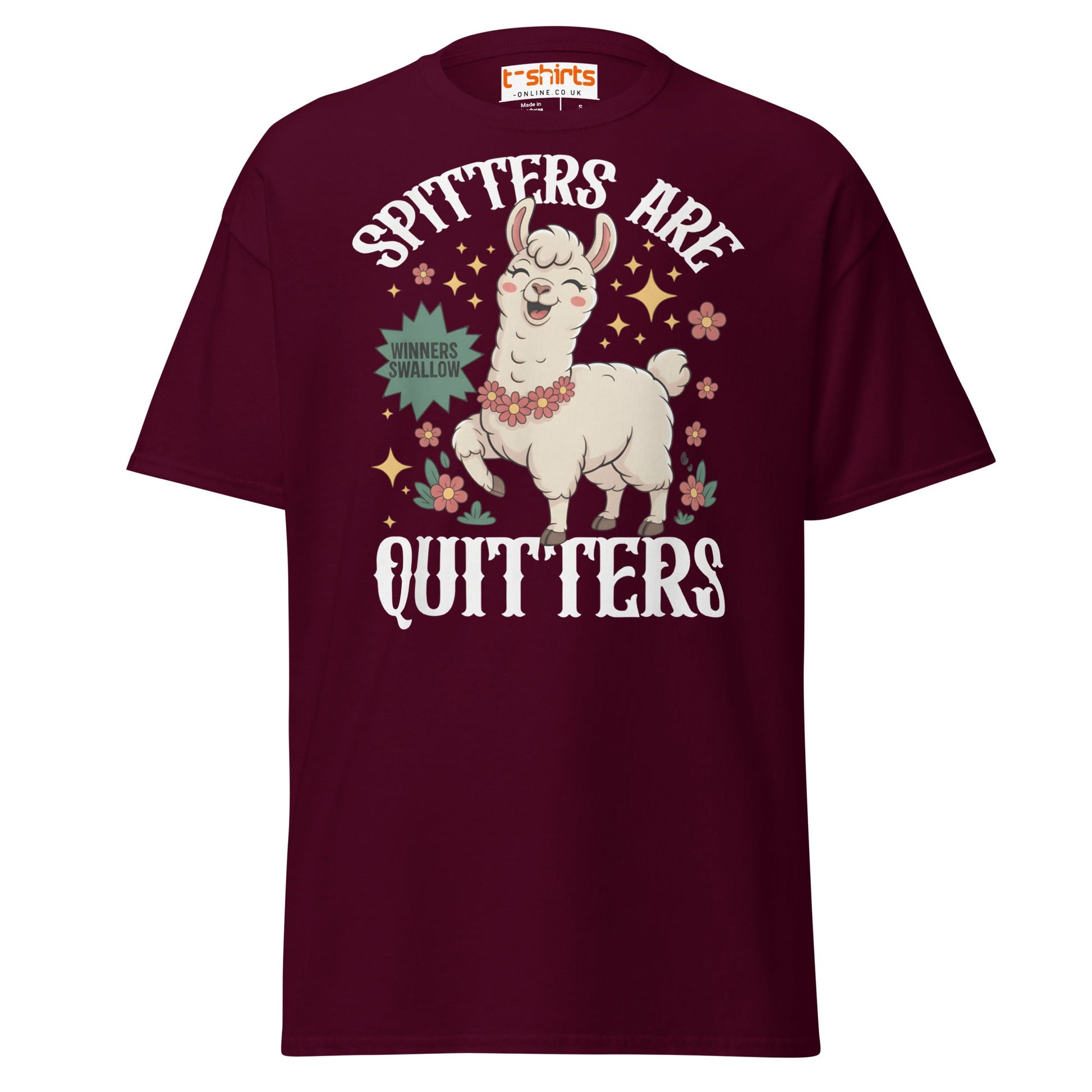 Spitters Are Quitters T-Shirt – Funny Llama Humor Tee - Maroon - T-Shirts Online