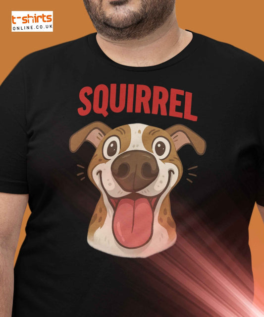 Close-up cartoon dog with big nose and excited eyes under the word "SQUIRREL!" 