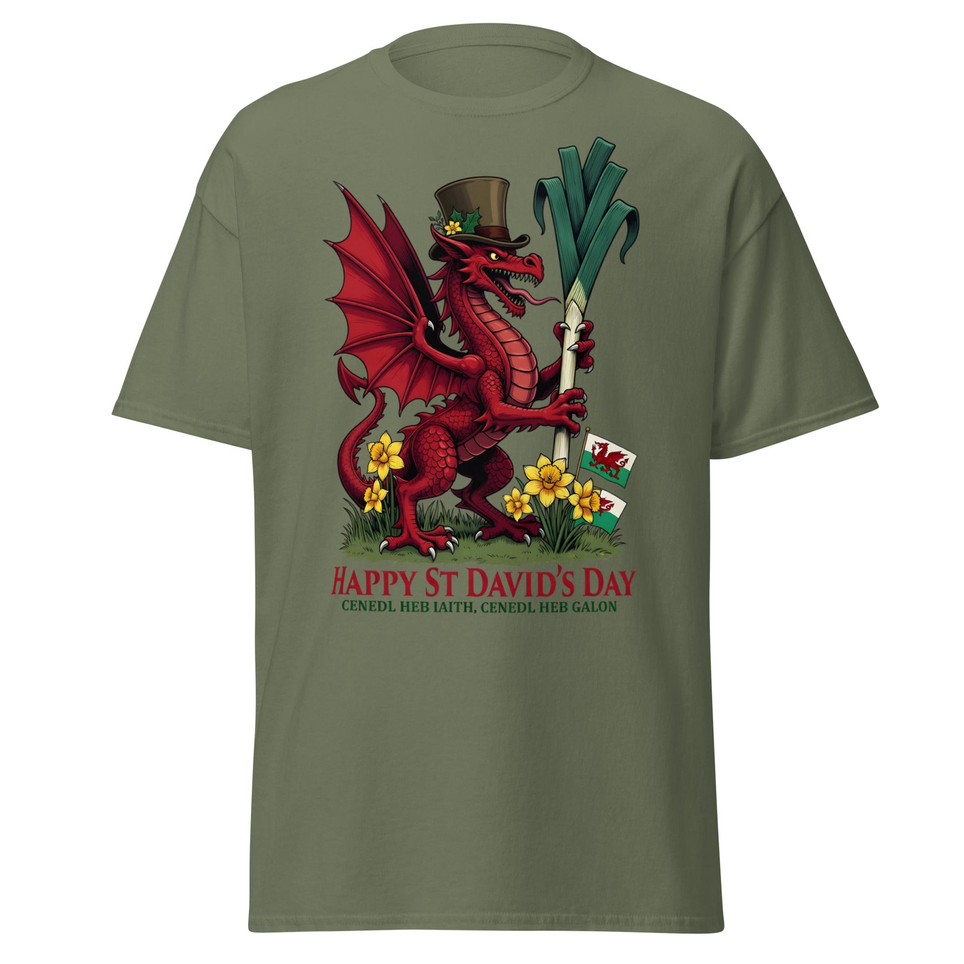 St David’s Day Welsh Dragon T-Shirt | Cymru Pride Tee - Military Green - T-Shirts Online
