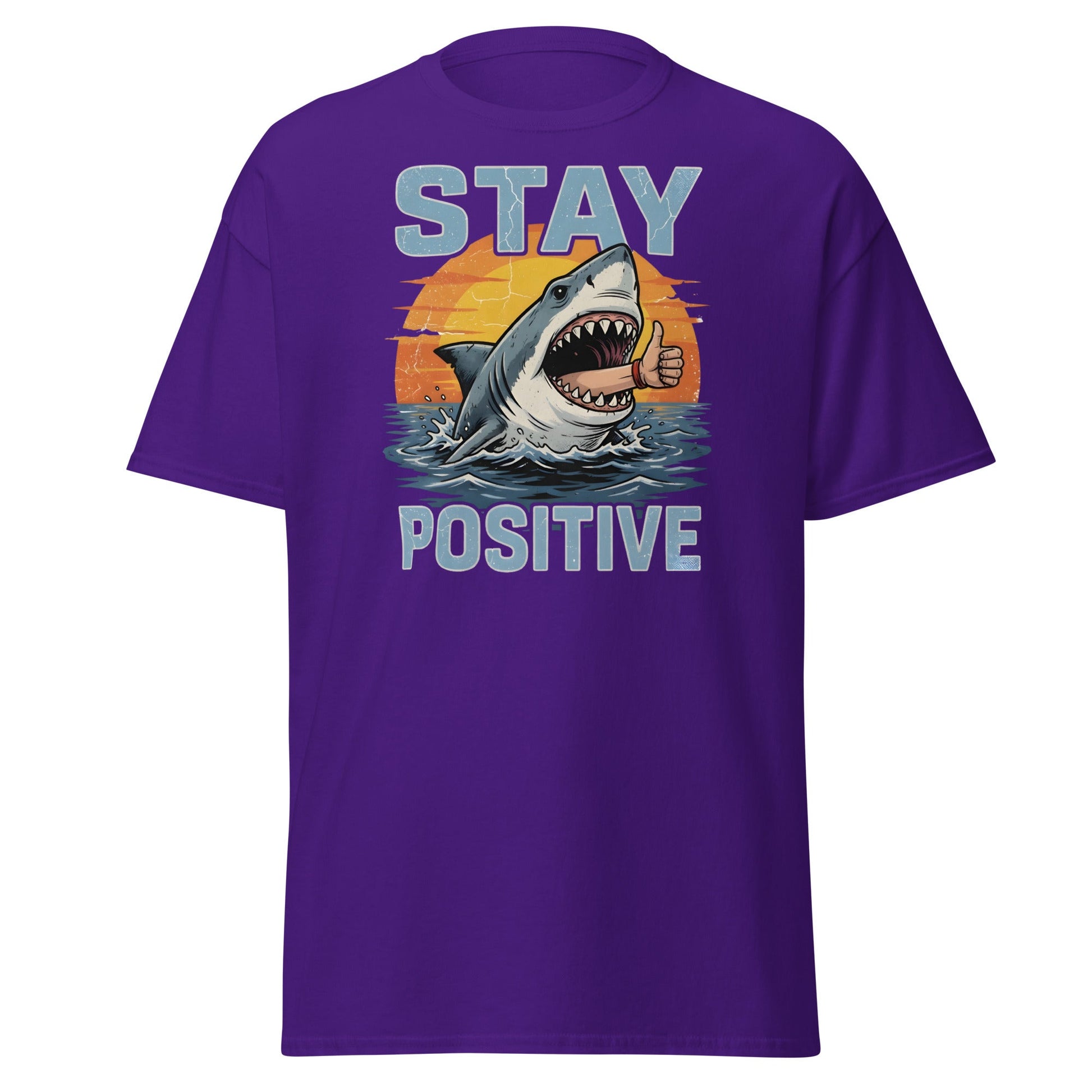 Stay Positive Shark T-Shirt Funny Motivational Tee - Purple - T-Shirts Online