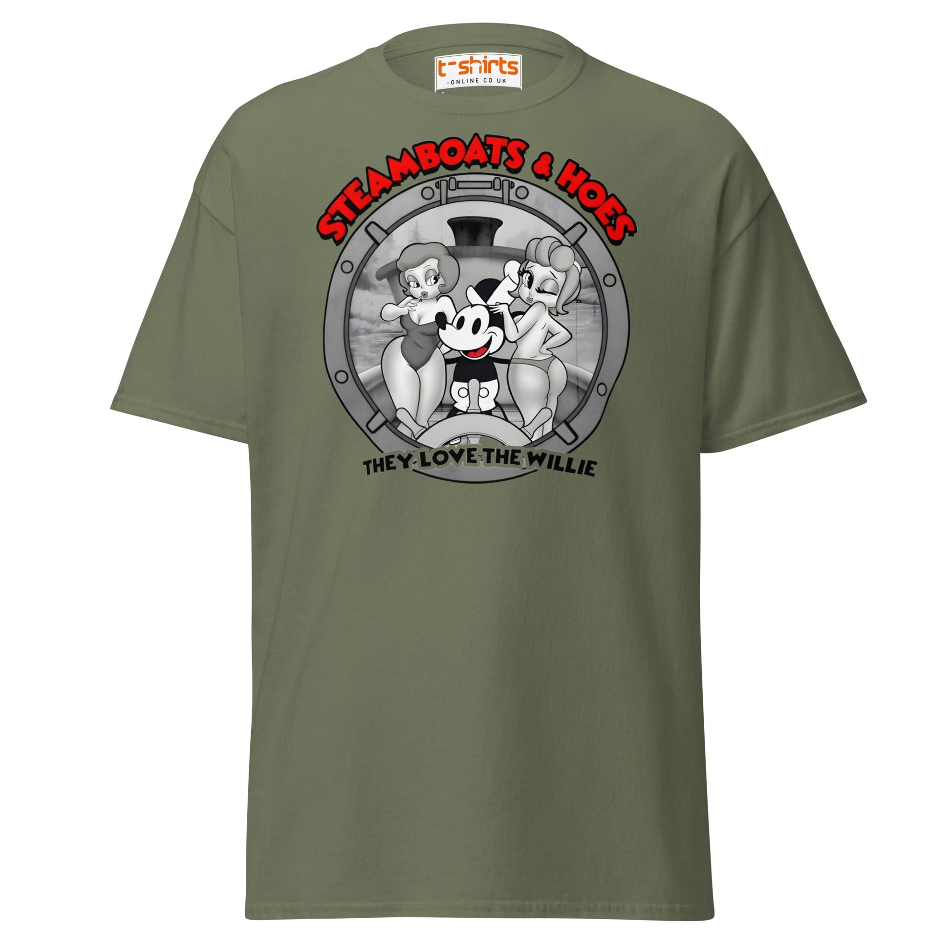 Steamboats & Hoes T-Shirt | Funny Retro Cartoon Tee - Military Green - T-Shirts Online