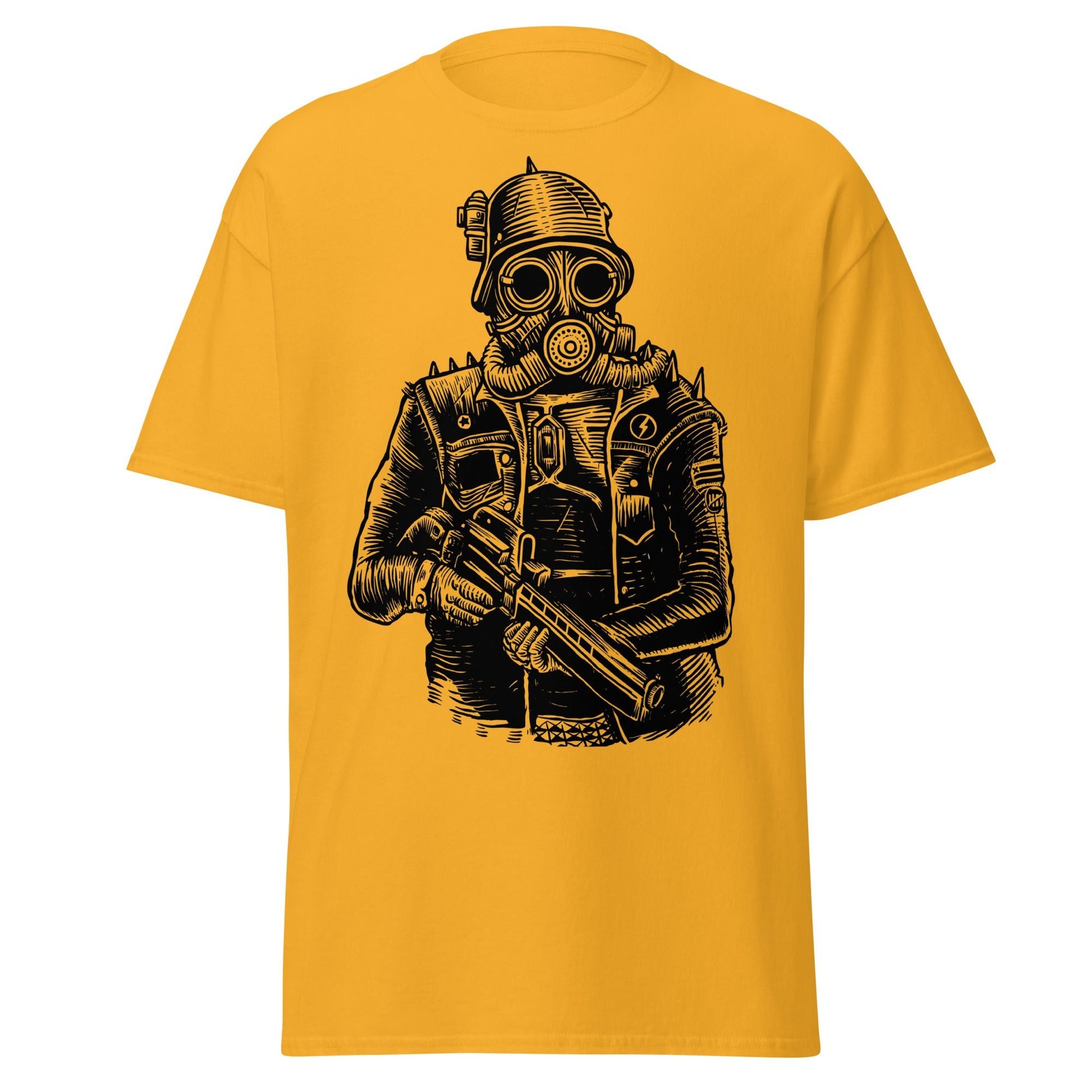 Steampunk Soldier Gas Mask Rifle T-Shirt - Gold - T-Shirts Online
