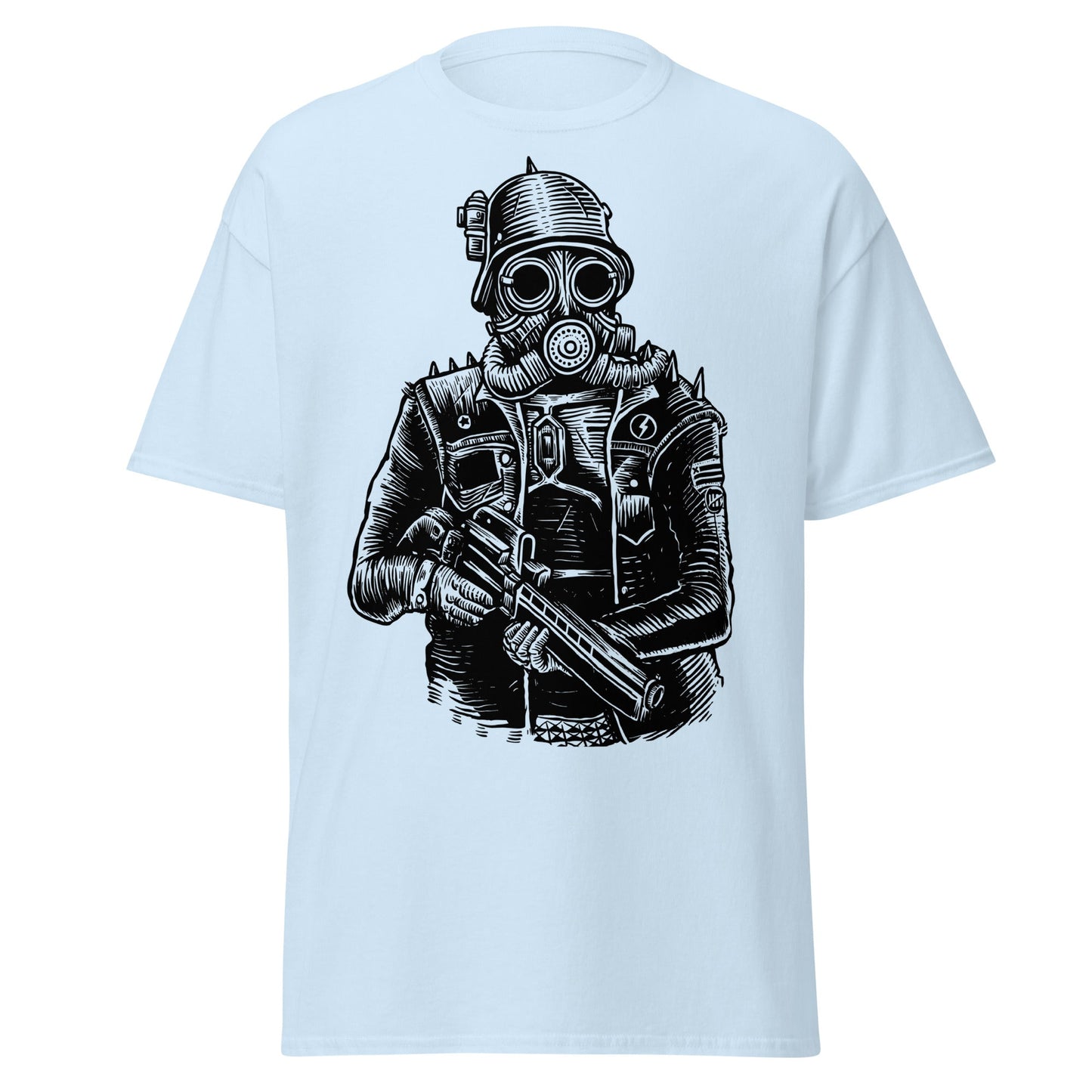 Steampunk Soldier Gas Mask Rifle T-Shirt - Light Blue - T-Shirts Online