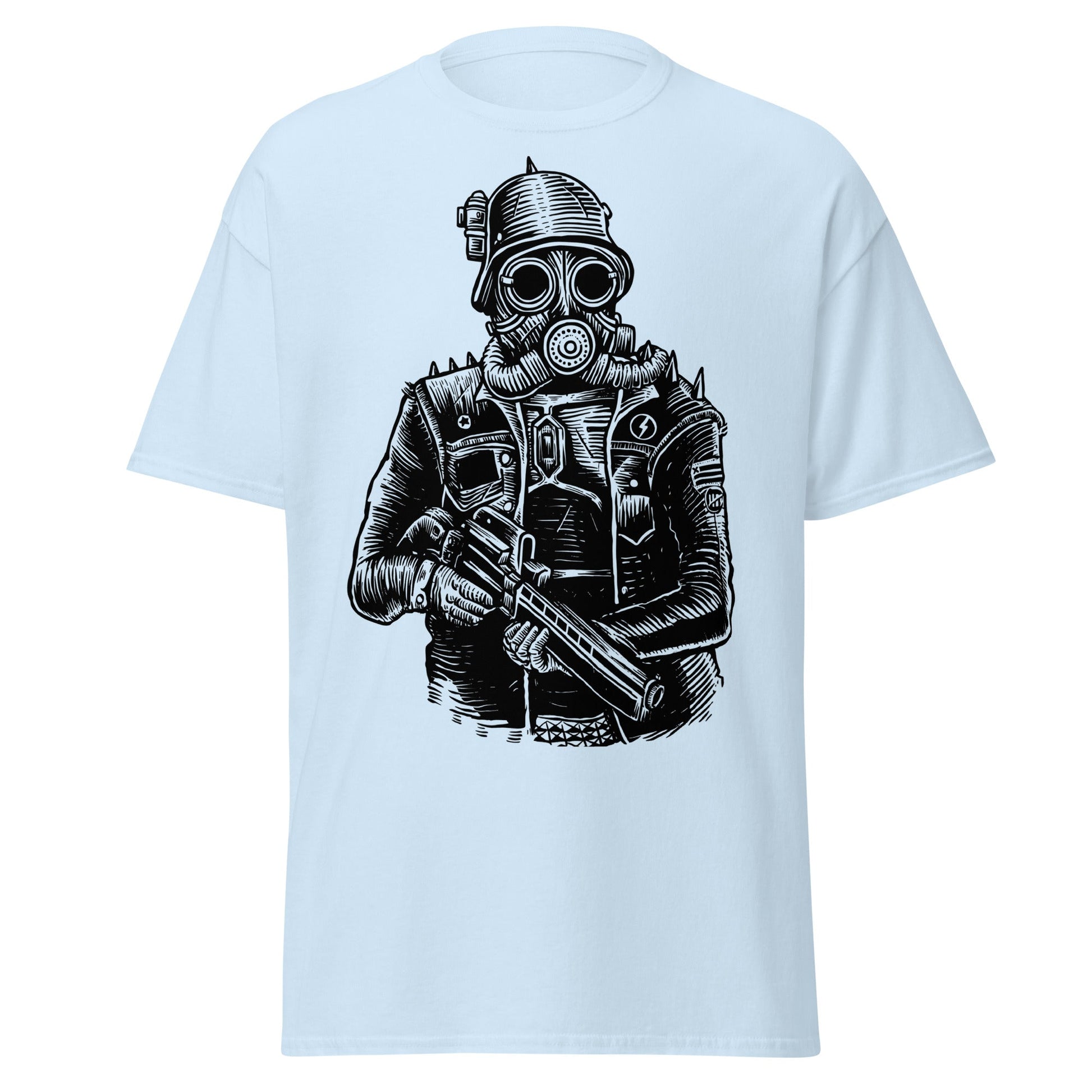 Steampunk Soldier Gas Mask Rifle T-Shirt - Light Blue - T-Shirts Online