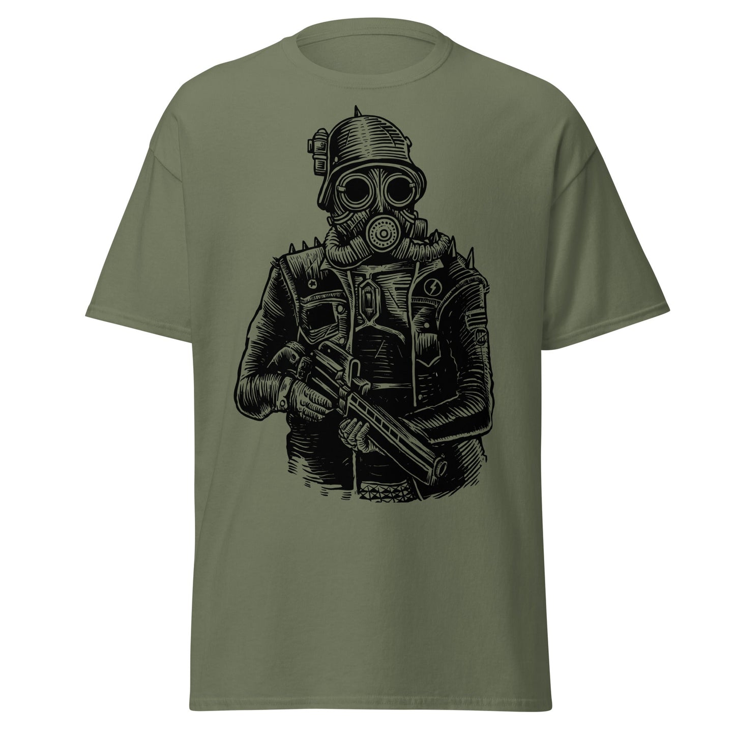 Steampunk Soldier Gas Mask Rifle T-Shirt - Military Green - T-Shirts Online