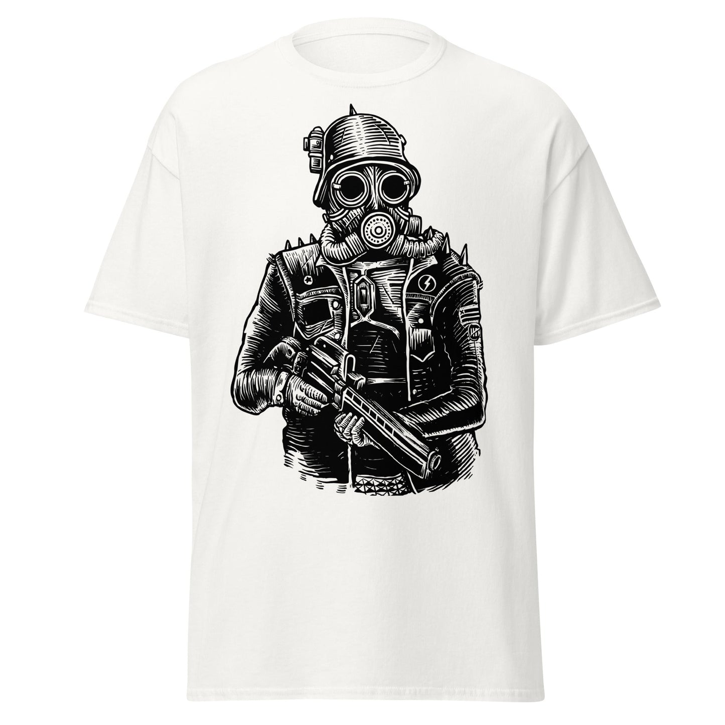 Steampunk Soldier Gas Mask Rifle T-Shirt - White - T-Shirts Online