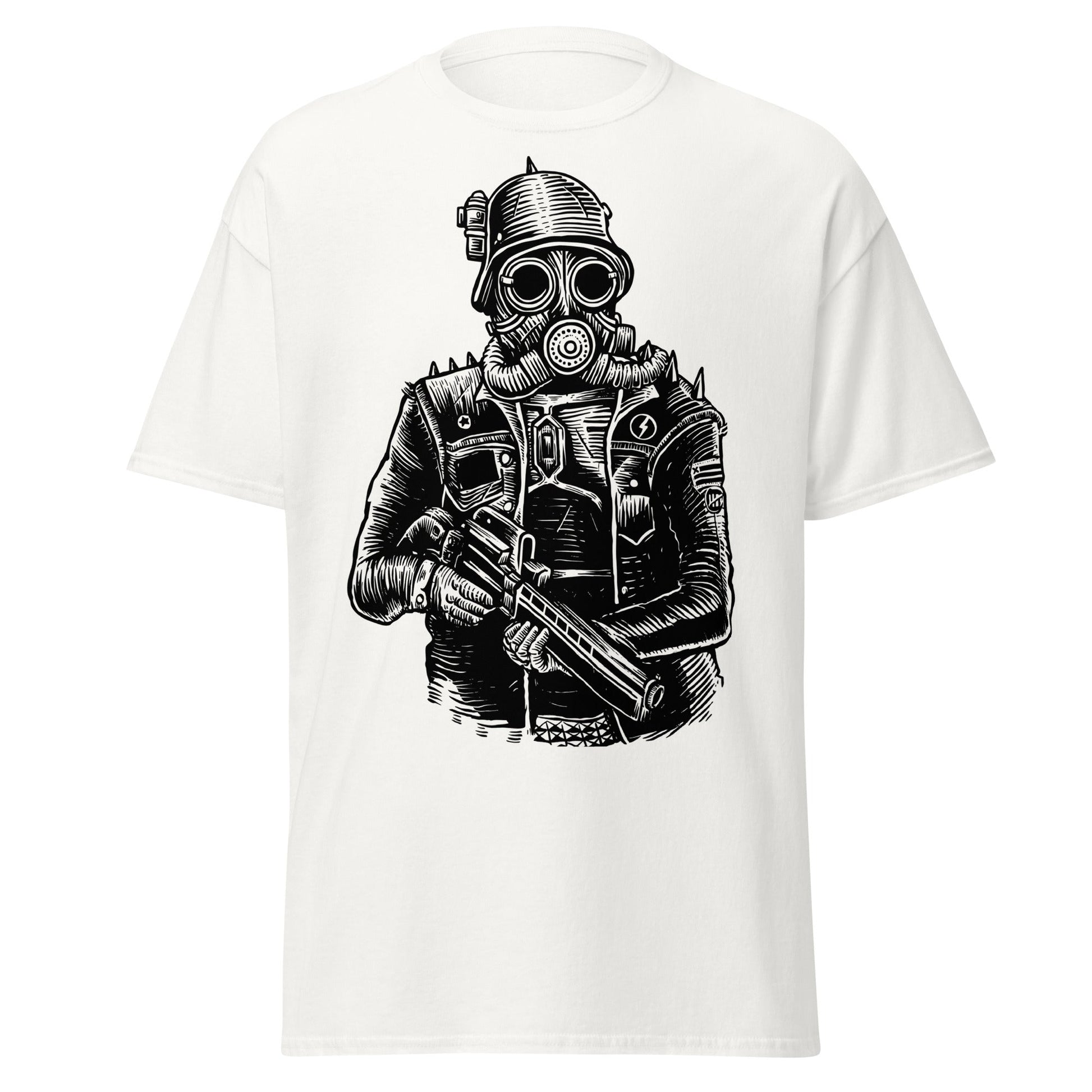 Steampunk Soldier Gas Mask Rifle T-Shirt - White - T-Shirts Online