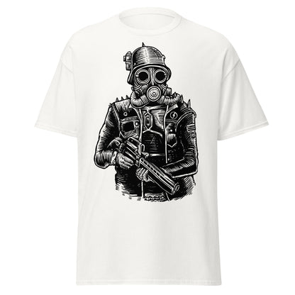 Steampunk Soldier Gas Mask Rifle T-Shirt - White - T-Shirts Online