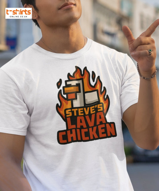 Person wearing a white t-shirt with 'Steve's Lava Chicken' graphic design.