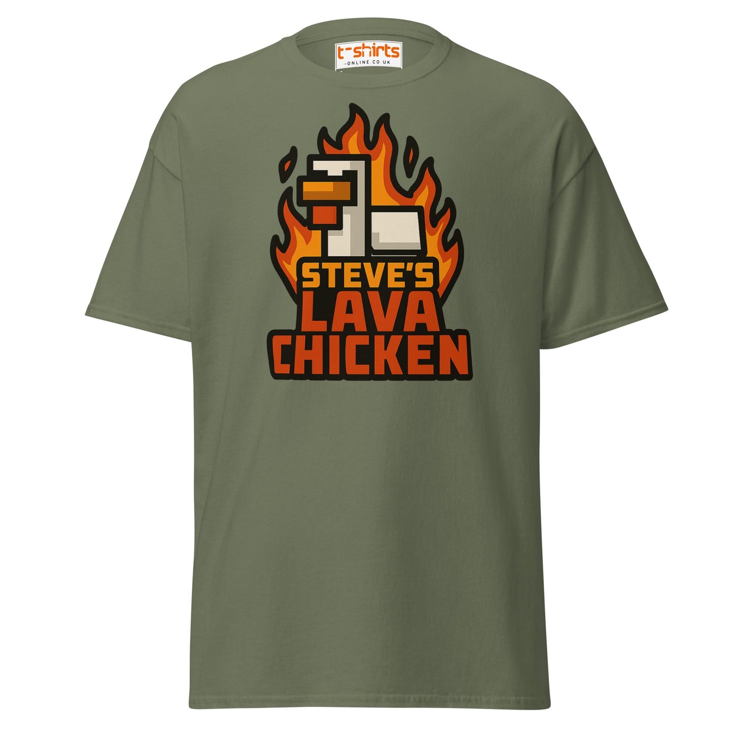 Steve's Lava Chicken Pixel Art T-Shirt - Military Green - T-Shirts Online
