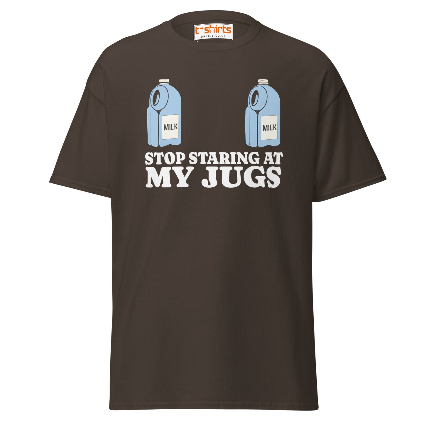 Stop Staring at My Jugs T-Shirt | Funny Milk Pun Tee - Dark Chocolate - T-Shirts Online