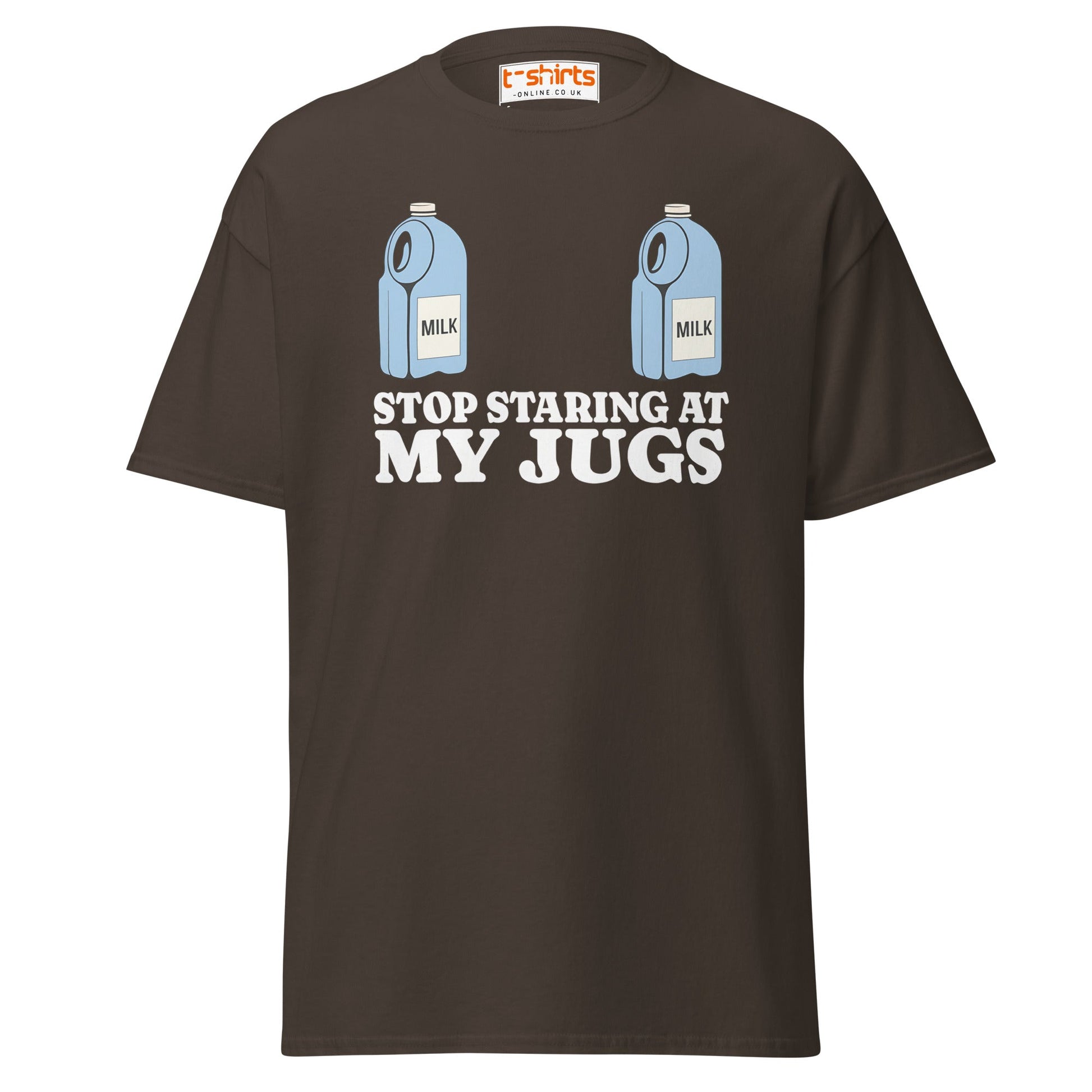 Stop Staring at My Jugs T-Shirt | Funny Milk Pun Tee - Dark Chocolate - T-Shirts Online