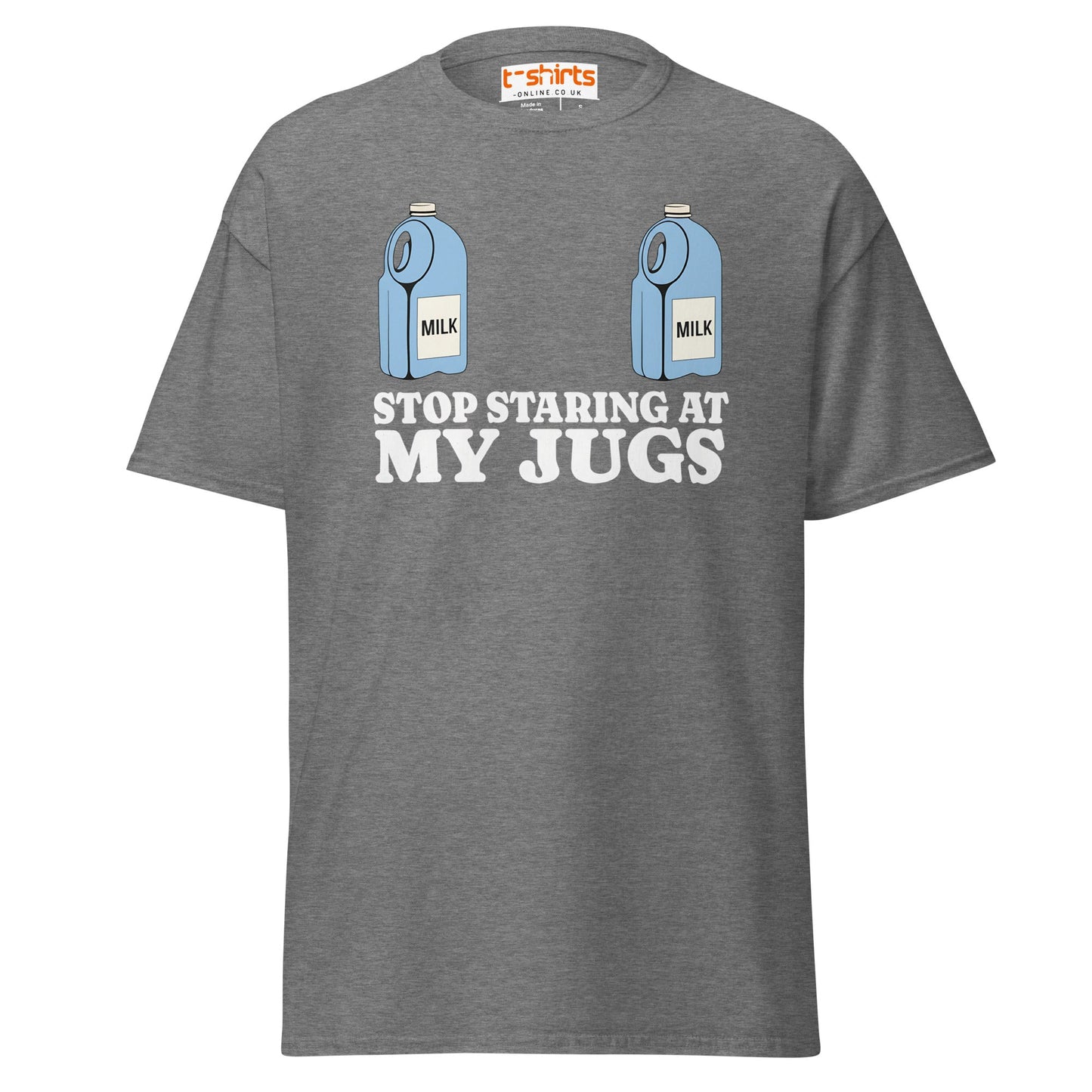 Stop Staring at My Jugs T-Shirt | Funny Milk Pun Tee - Graphite Heather - T-Shirts Online