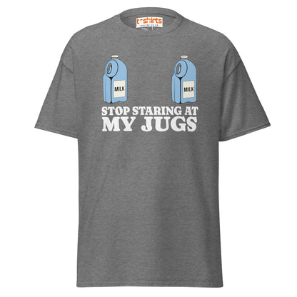 Stop Staring at My Jugs T-Shirt | Funny Milk Pun Tee - Graphite Heather - T-Shirts Online