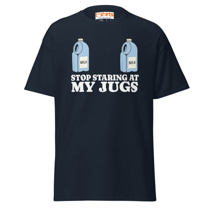 Stop Staring at My Jugs T-Shirt | Funny Milk Pun Tee - Navy - T-Shirts Online