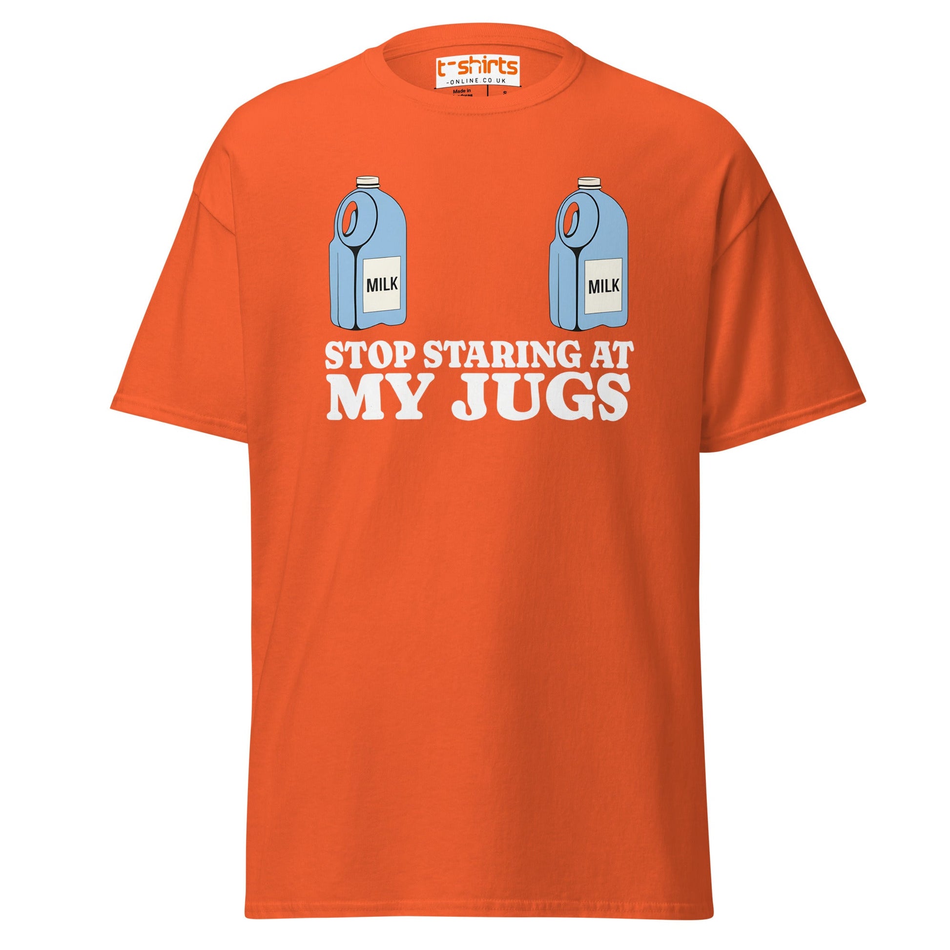 Stop Staring at My Jugs T-Shirt | Funny Milk Pun Tee - Orange - T-Shirts Online