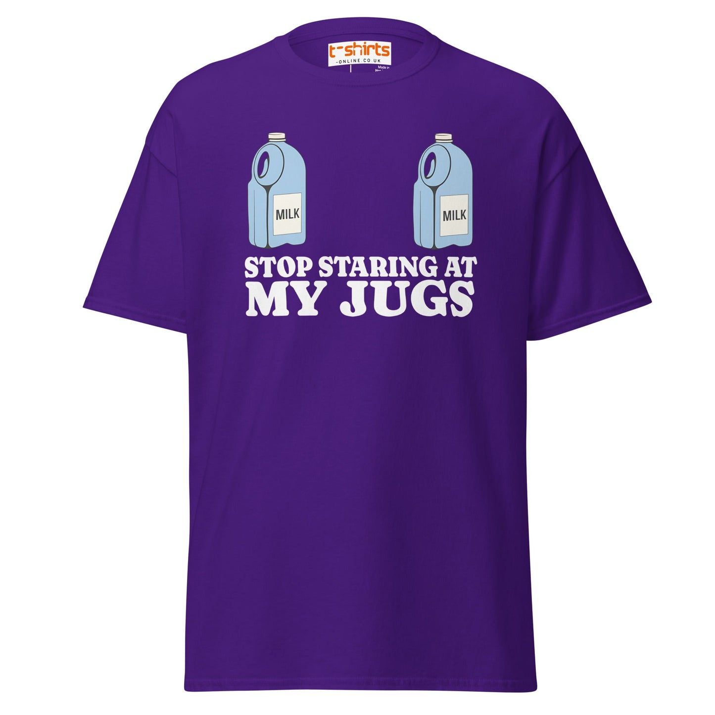 Stop Staring at My Jugs T-Shirt | Funny Milk Pun Tee - Purple - T-Shirts Online