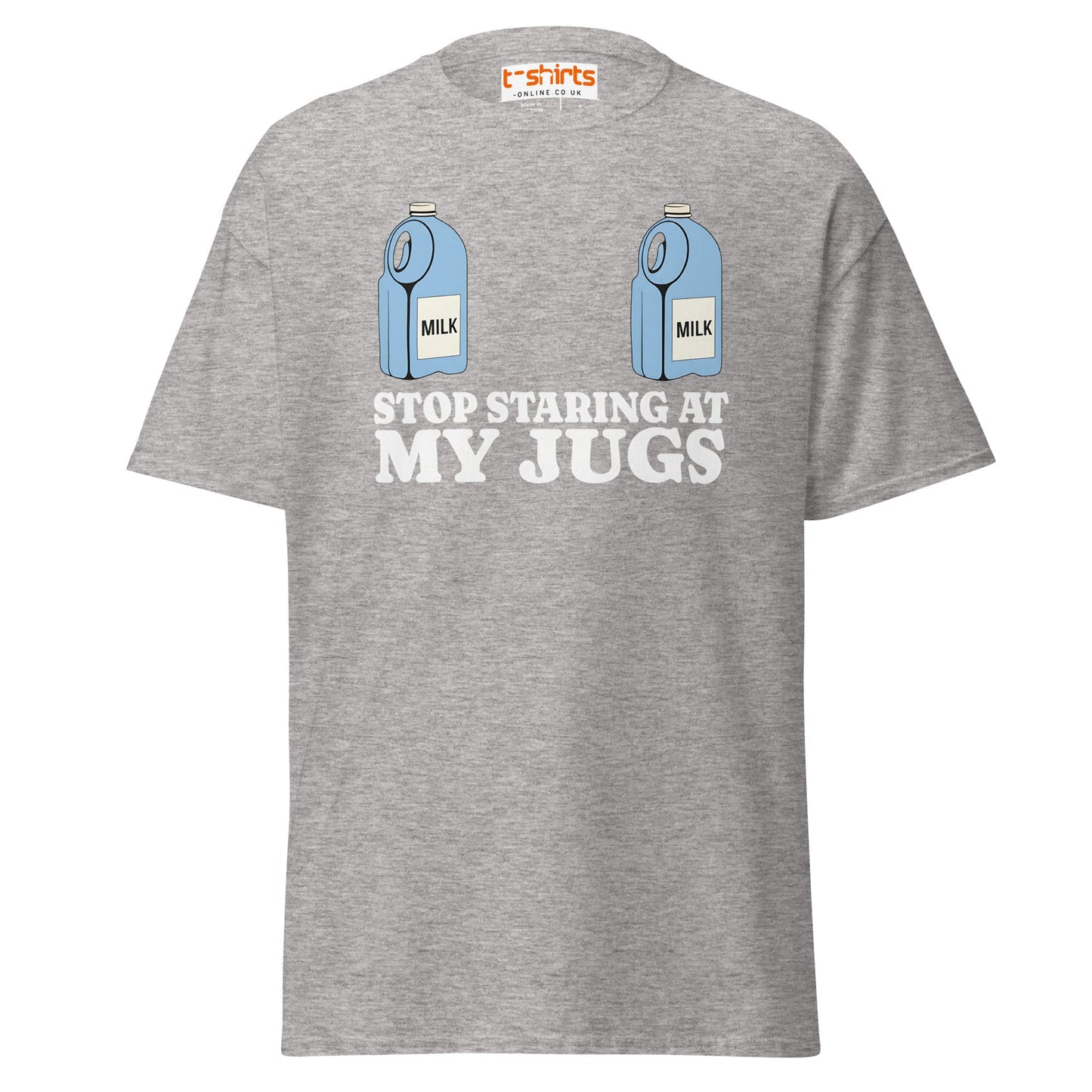 Stop Staring at My Jugs T-Shirt | Funny Milk Pun Tee - Sport Grey - T-Shirts Online