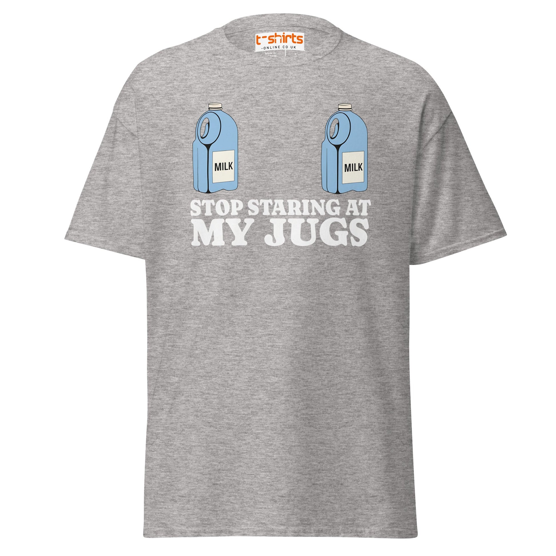 Stop Staring at My Jugs T-Shirt | Funny Milk Pun Tee - Sport Grey - T-Shirts Online