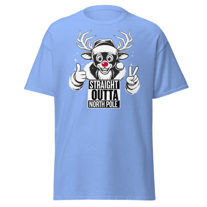 Straight Outta North Pole Reindeer T-Shirt | Funny Christmas - Carolina Blue - T-Shirts Online