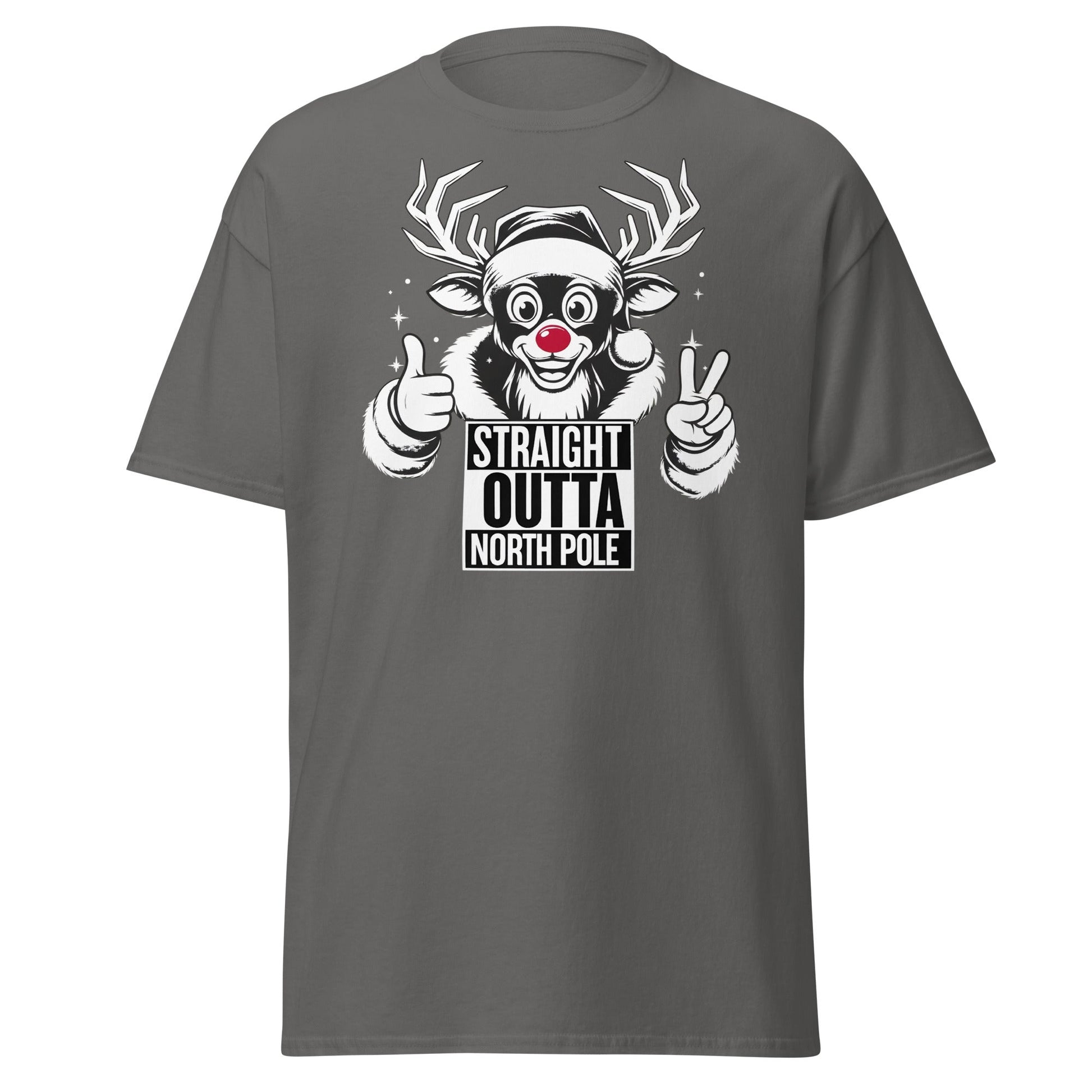 Straight Outta North Pole Reindeer T-Shirt | Funny Christmas - Charcoal - T-Shirts Online