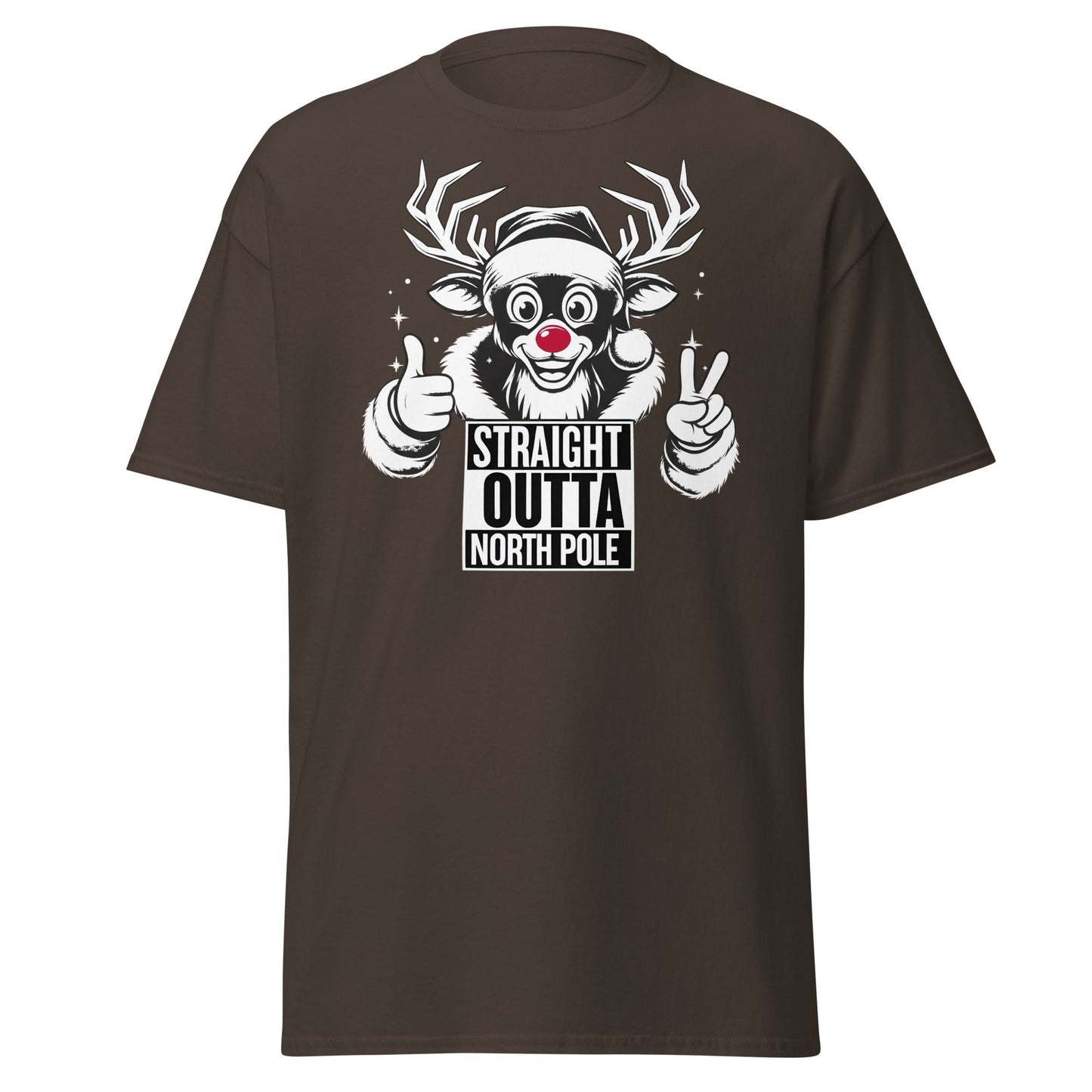 Straight Outta North Pole Reindeer T-Shirt | Funny Christmas - Dark Chocolate - T-Shirts Online