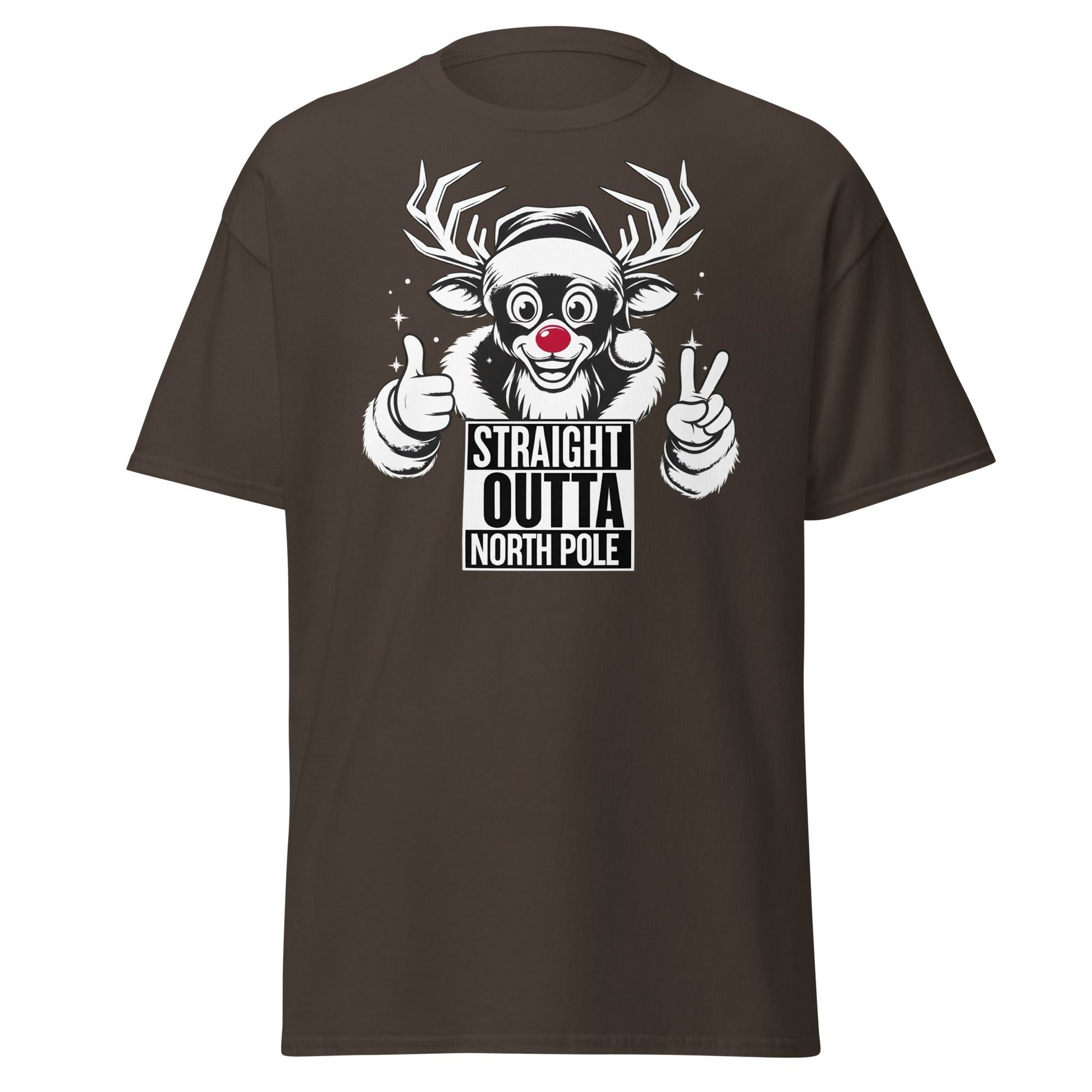 Straight Outta North Pole Reindeer T-Shirt | Funny Christmas - Dark Chocolate - T-Shirts Online