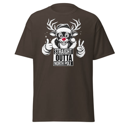Straight Outta North Pole Reindeer T-Shirt | Funny Christmas - Dark Chocolate - T-Shirts Online