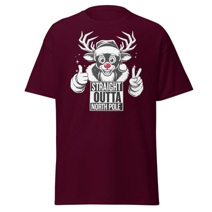 Straight Outta North Pole Reindeer T-Shirt | Funny Christmas - Maroon - T-Shirts Online