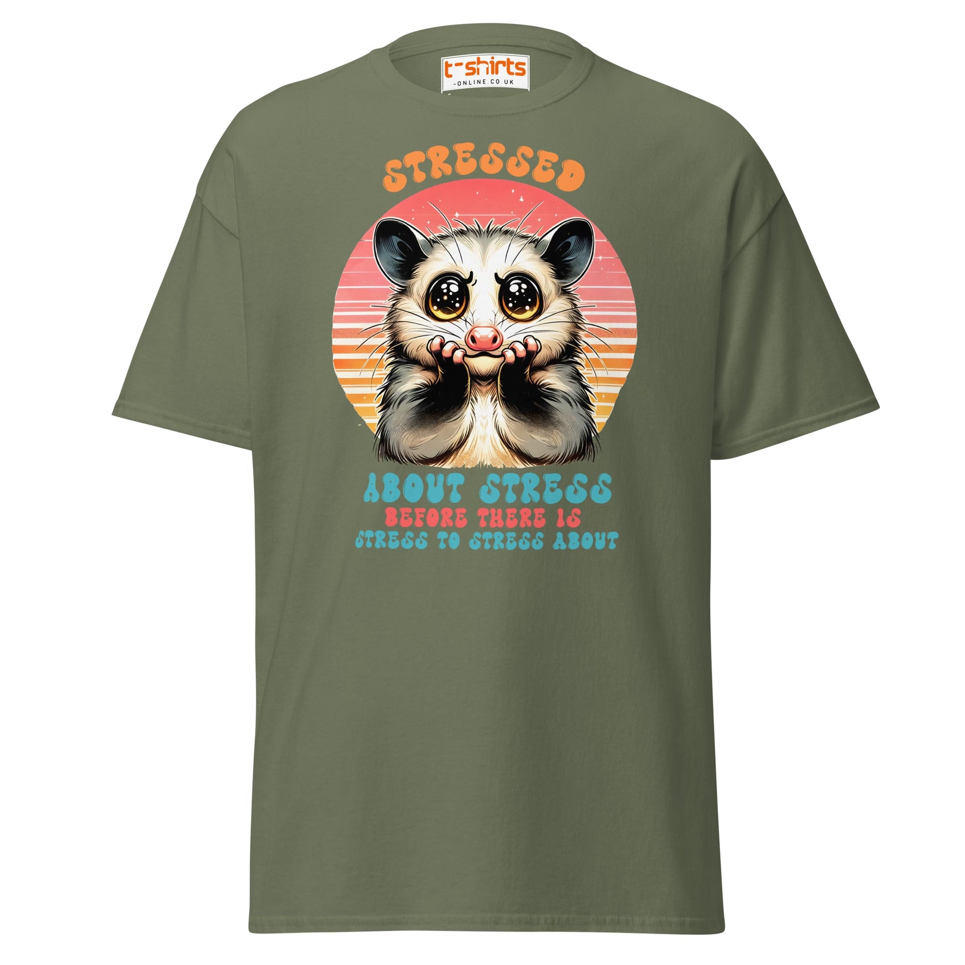 Stressed About Stress Funny Possum T-Shirt - Military Green - T-Shirts Online
