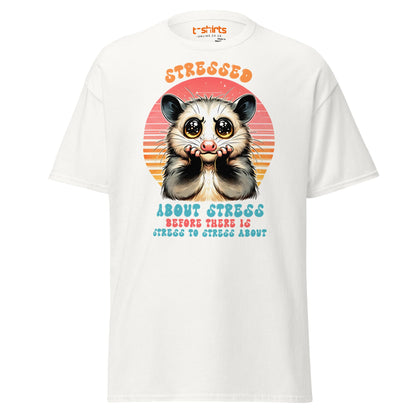 Stressed About Stress Funny Possum T-Shirt - White - T-Shirts Online