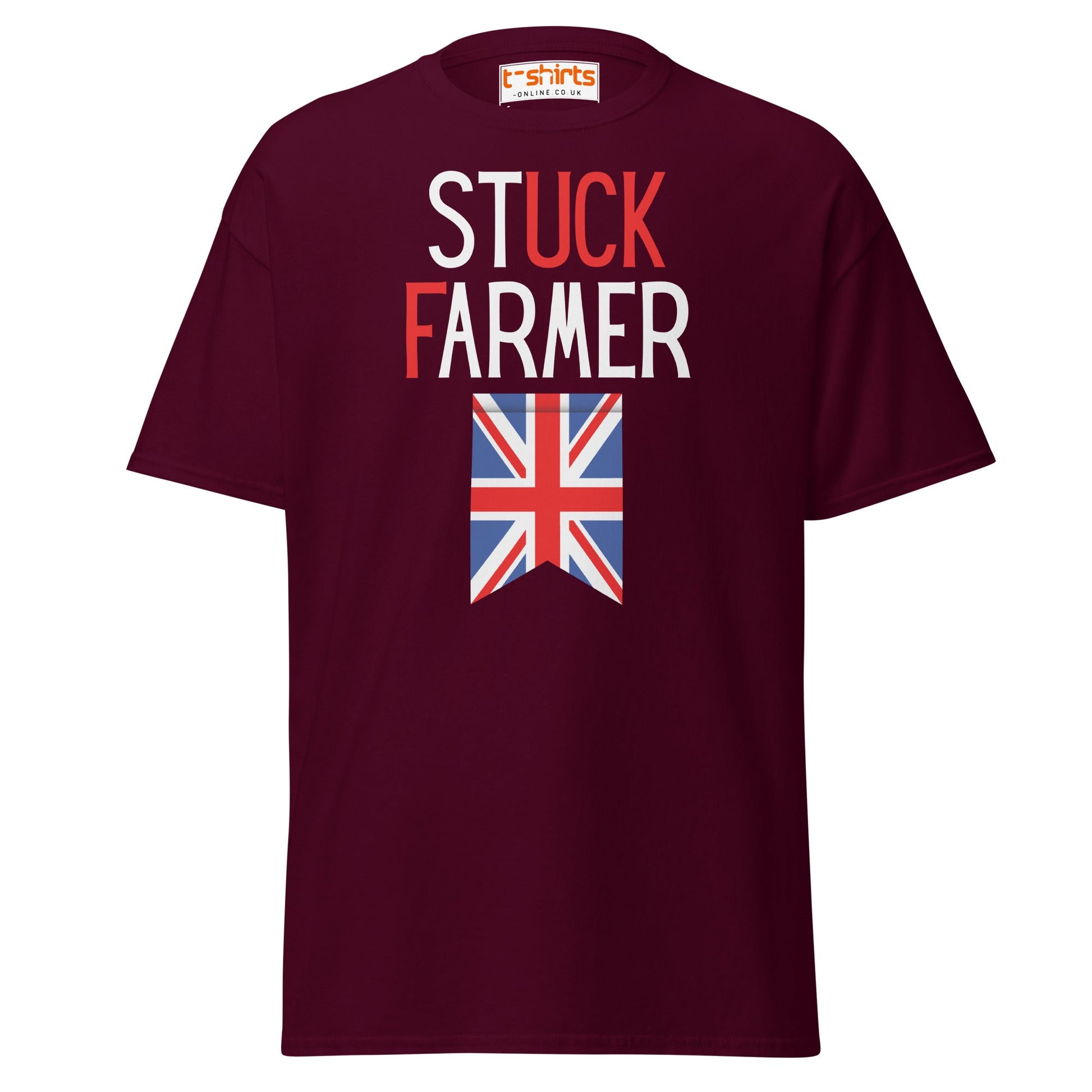 Stuck Farmer Funny UK T-Shirt - Maroon - T-Shirts Online