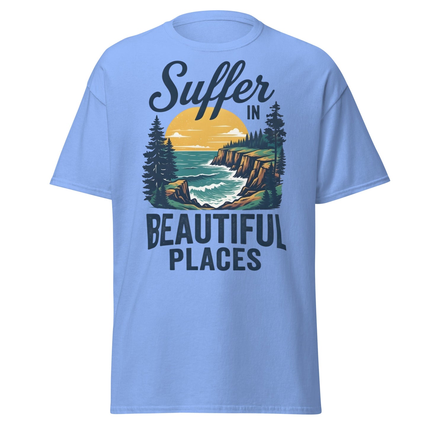 Suffer in Beautiful Places T-Shirt - Retro Outdoor Tee - Carolina Blue - T-Shirts Online