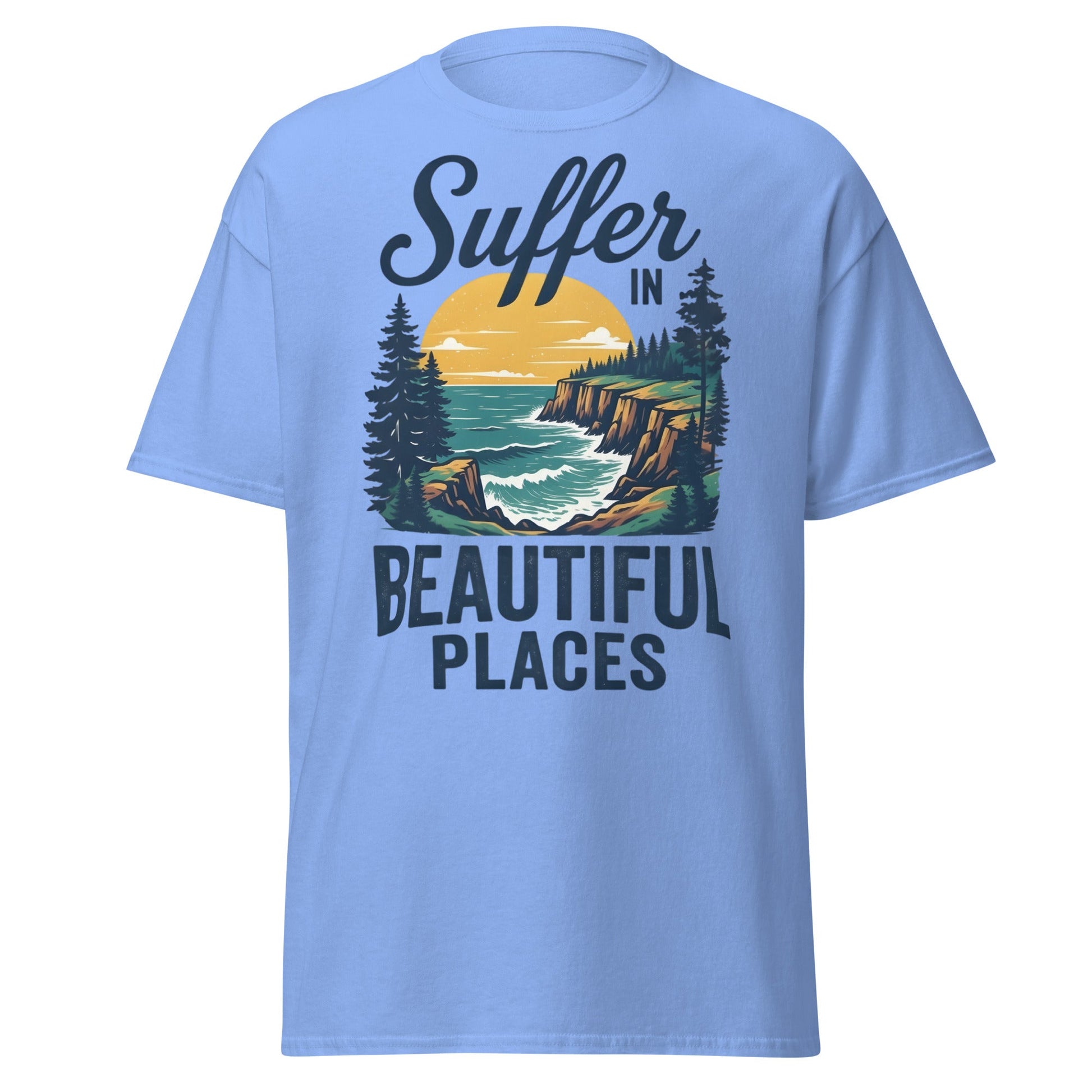 Suffer in Beautiful Places T-Shirt - Retro Outdoor Tee - Carolina Blue - T-Shirts Online