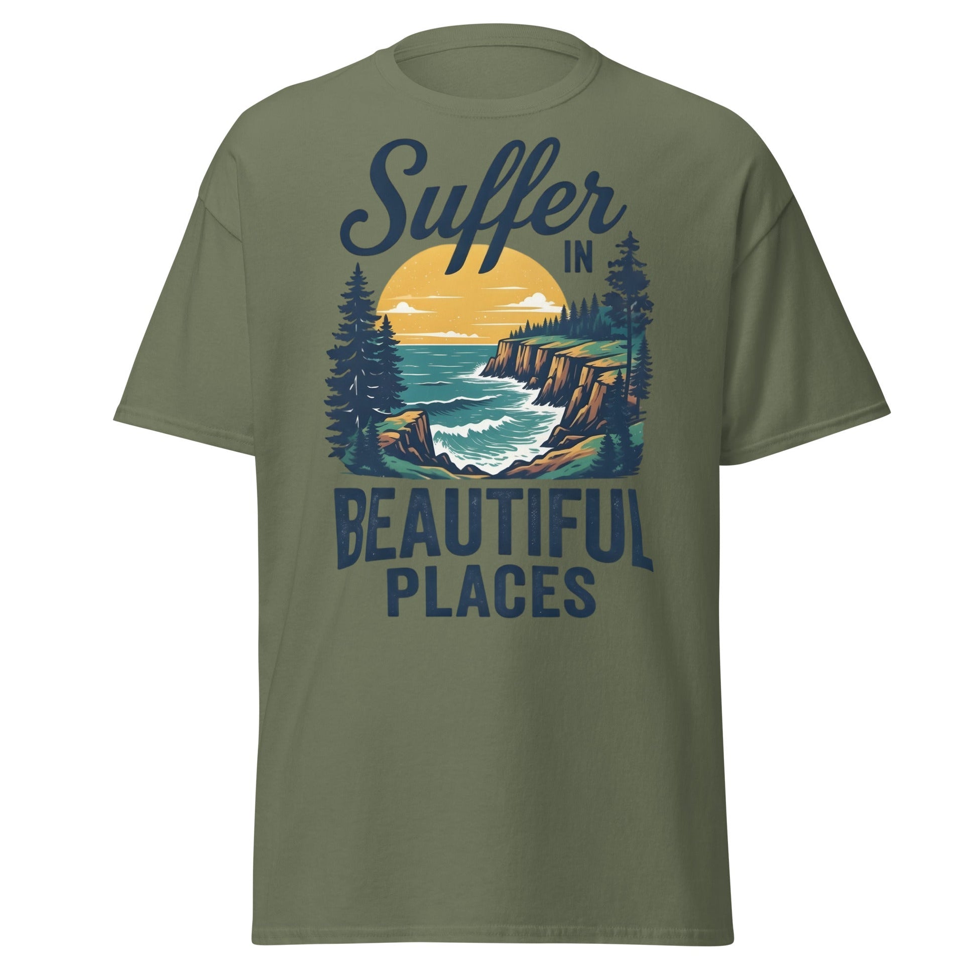 Suffer in Beautiful Places T-Shirt - Retro Outdoor Tee - Military Green - T-Shirts Online