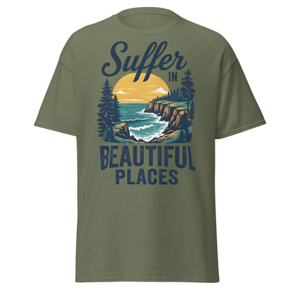 Suffer in Beautiful Places T-Shirt - Retro Outdoor Tee - Military Green - T-Shirts Online