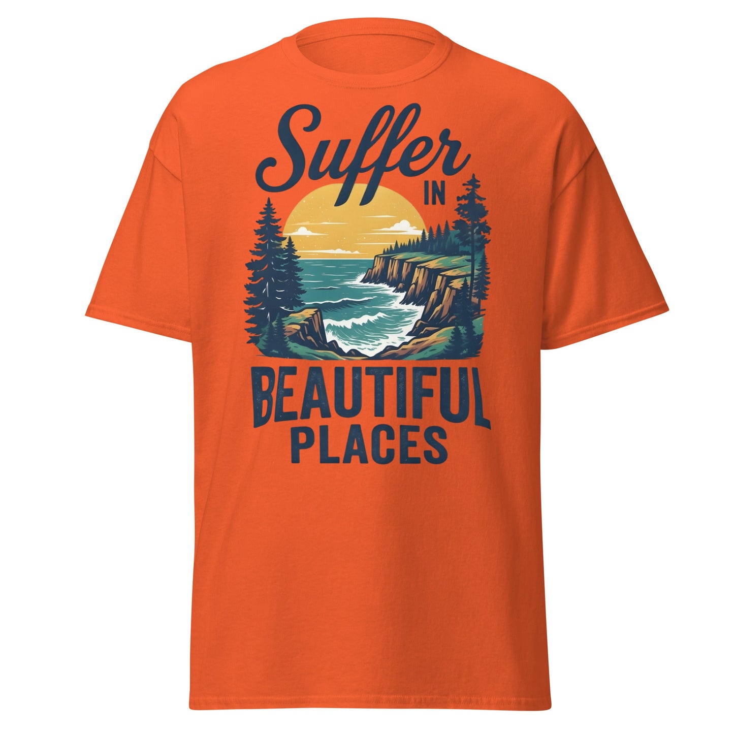 Suffer in Beautiful Places T-Shirt - Retro Outdoor Tee - Orange - T-Shirts Online